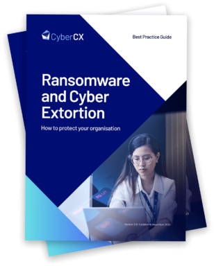 Cover of CyberCX's Ransomware and Cyber Extortion guide.